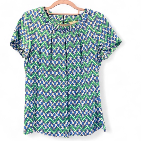 Boden Tops - Boden Geometric Blouse Size 4 Blue Green Retro Short Sleeve Top Women's